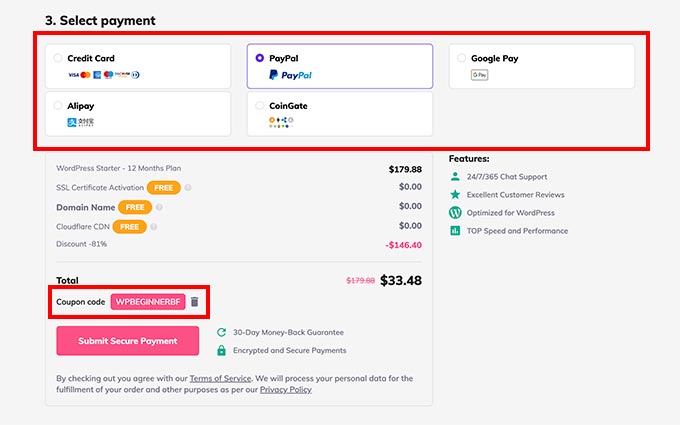 Hostinger choose a payment method and add details to purchase