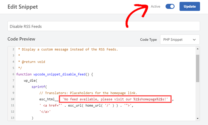 The WPCode snippet to Disable RSS feeds