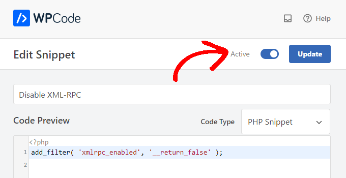 Turn the WPCode snippet on by clicking Activate and pressing Update