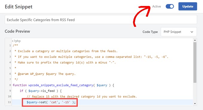 Edit the category IDs in WPCode then activate the snippet.