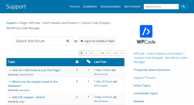Область поддержки WordPress Plugin Directory включает в себя форум и FAQ