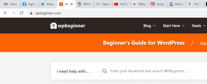 Screenshot of the WPBeginner home page with a row of tabs at the top. 