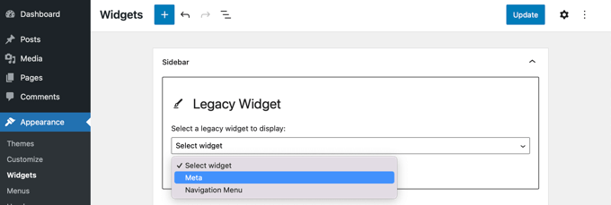 Select the Desired Widget from the Drop Down Menu