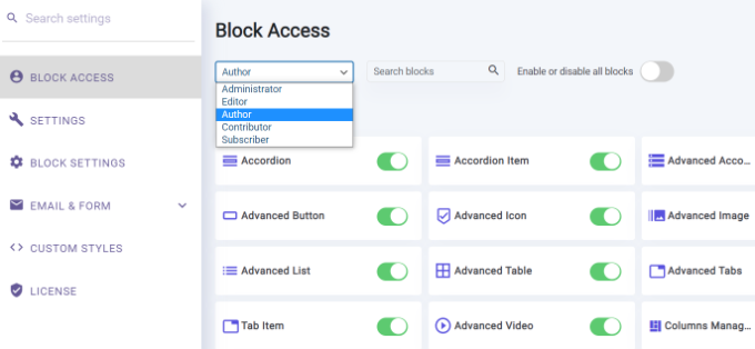 Choose user profile to hide blocks