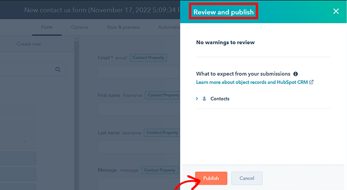 WebHostingExhibit review-and-publish-submit-button How to Create a HubSpot Form in WordPress  