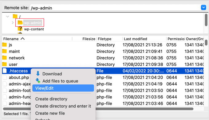 Найдя файл .htaccess, щелкните правой кнопкой мыши и откройте параметр «Просмотр/редактирование».