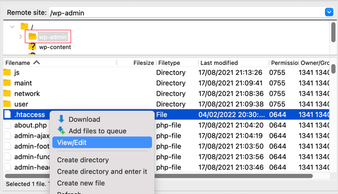 使用 FTP 客户端编辑 .htaccess 文件的视图