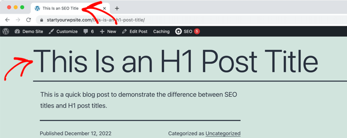 مثال على عنوان H1 في المنشور وعنوان تحسين محركات البحث في علامة تبويب المتصفح