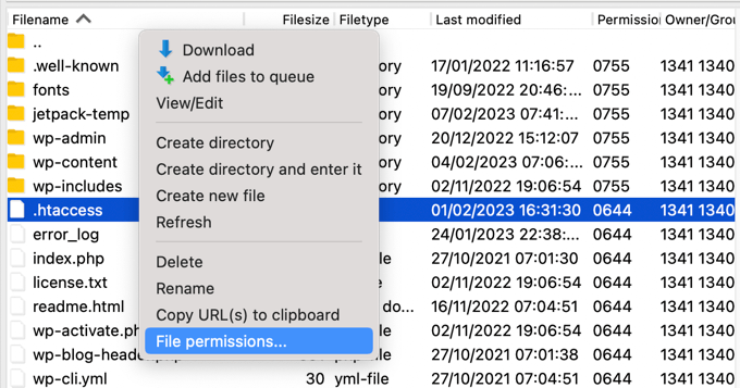 Sélection des autorisations de fichier dans le menu de votre client FTP