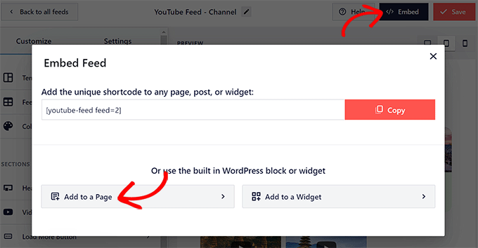 Click Add to a page button to embed YouTube feed