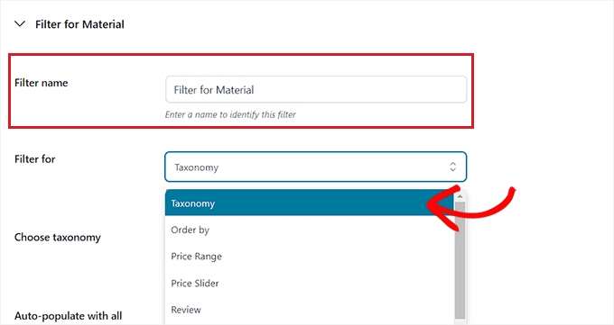 Select taxonomy alternative from the filter for dropdown menu