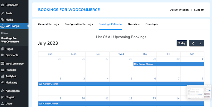 An example of a booking calendar for an equipment rental or party supplies rental website