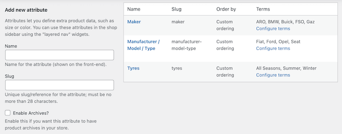 Examples of product attributes, created using a WordPress eCommerce plugin