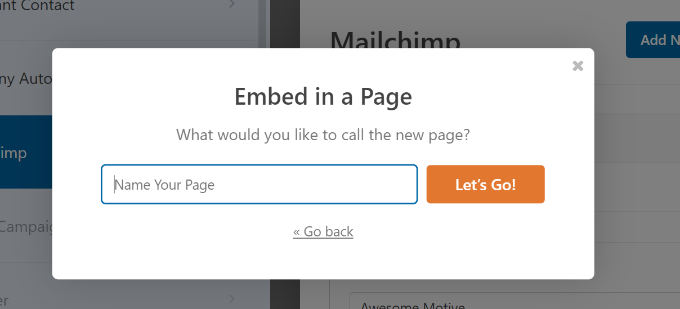 Enter name for form embed page
