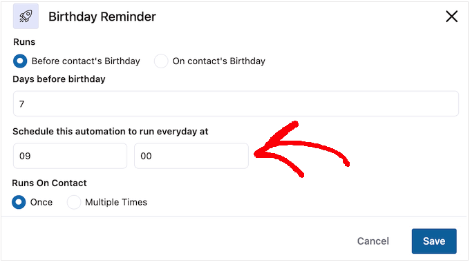Setting the time for the automated birthday workflow