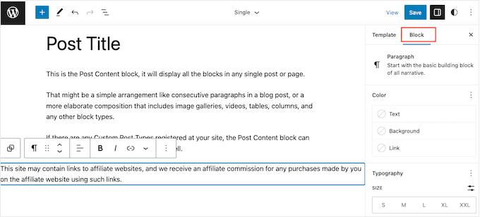 Styling affiliate disclaimers using the WordPress FSE block-based editor